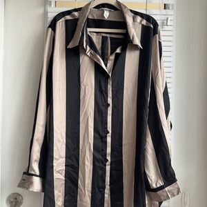 H&M Satin Black & Tan Striped Oversized Blouse SZ 3XL